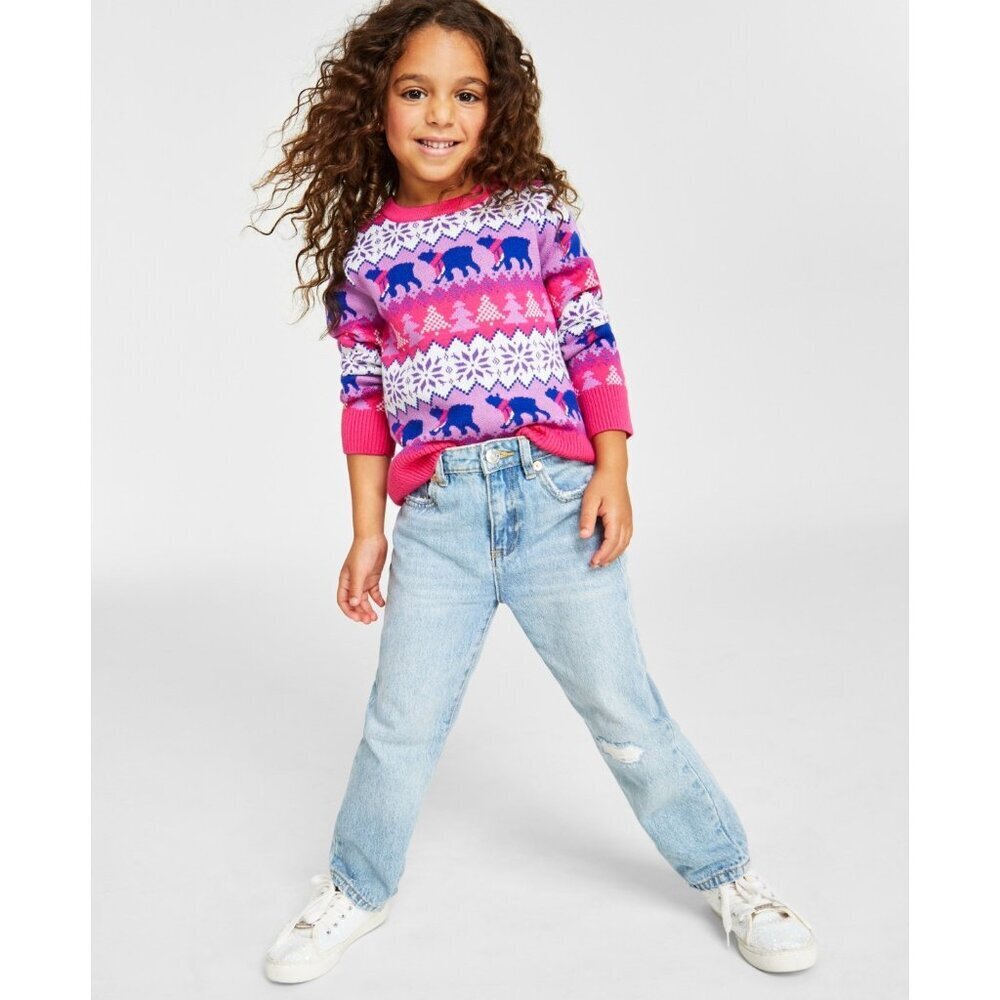Holiday Lane Youth Girls Large Snowflake Bear Crewneck Sweater in Pink $40 312